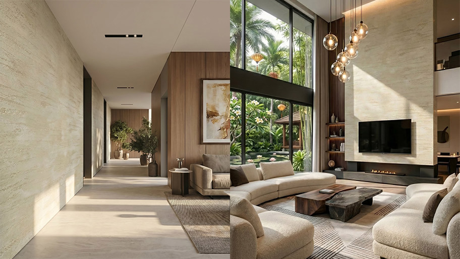 Ứng dụng sơn travertine màu xám kem cho phòng khách